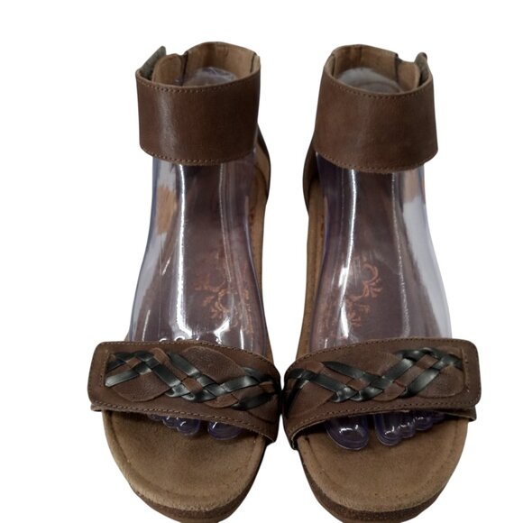 Aetrex Becca Woven Leather Wedge Comfort Sandals Size 38 US 7.5-8 Beige Ankle - Picture 4 of 15